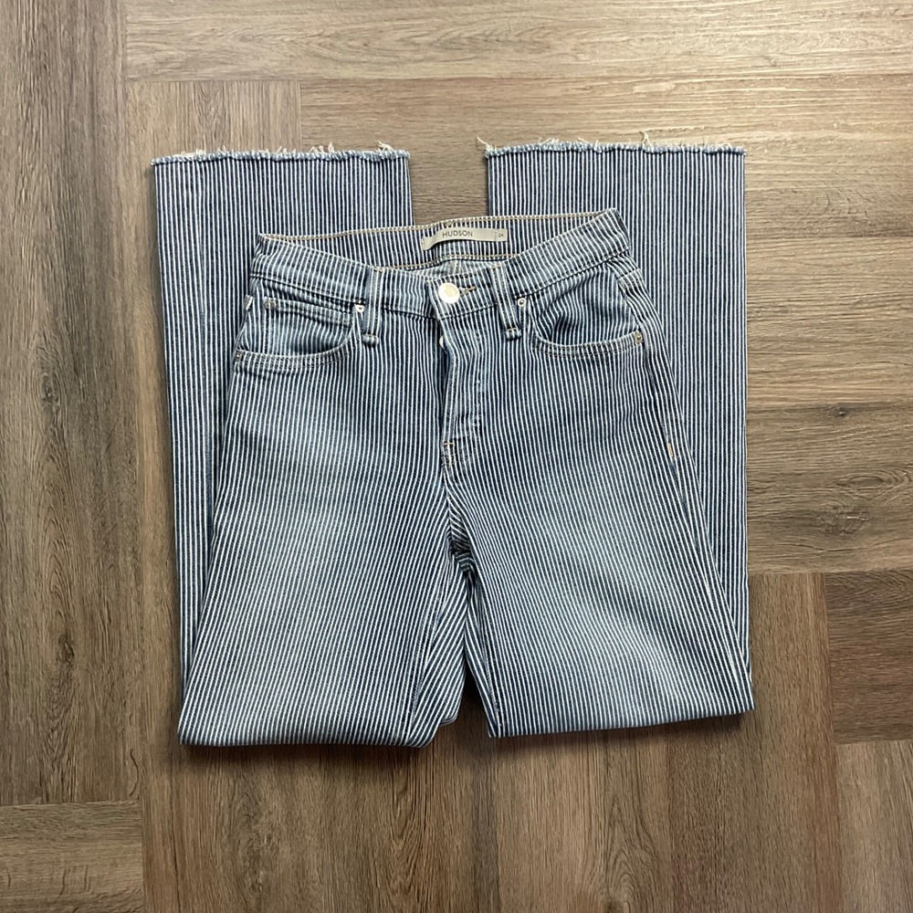 Hudson Rosie Hickory Railroad Stripe High Rise Wide Leg Jeans 24 Blue White